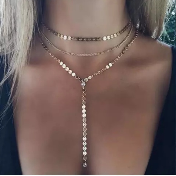 ✨BEST SELLER✨GOLD✨LAYERED CHOKER DANGLE NECKLACE - Picture 2 of 3